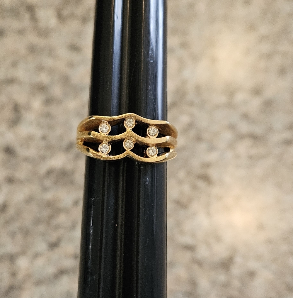 Aurora 18K HGE A Signed Ring Size 7 Heavy Gold Electroplate Rhinestones  Crystal